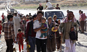 Displaced people from the minority Yazidi sect flee violence in the Iraqi town of Sinjar