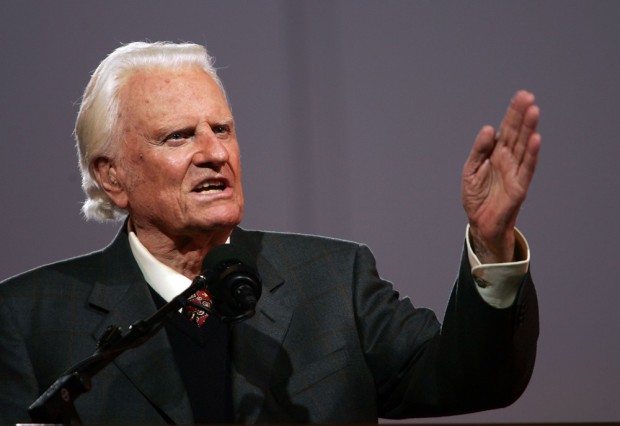 NEW YORK - JUNE 24: Billy Graham speaks during his Crusade at Flushing Meadows Corona Park June 24, 2005 in the Queens borough of New York. Flushing Meadows Corona Park is the site for Graham's sermons on June 24-26, which looks to draw thousands of people from across the country, and will purportedly be the aging Christian televangelist's final crusade. (Photo by Spencer Platt/Getty Images)